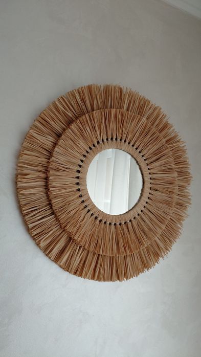 Дзеркало з бахромою. Ручна робота. Солом’яний декор. Бохо стиль.