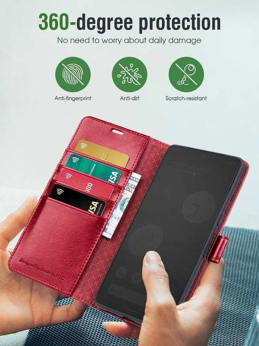 OCASE skórzane etui do Google Pixel 8 z klapką portfel RFID czerwone