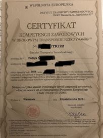 Użyczę Certyfikat Kompetencji Zawodowych w Transporcie Drogowym Rzeczy