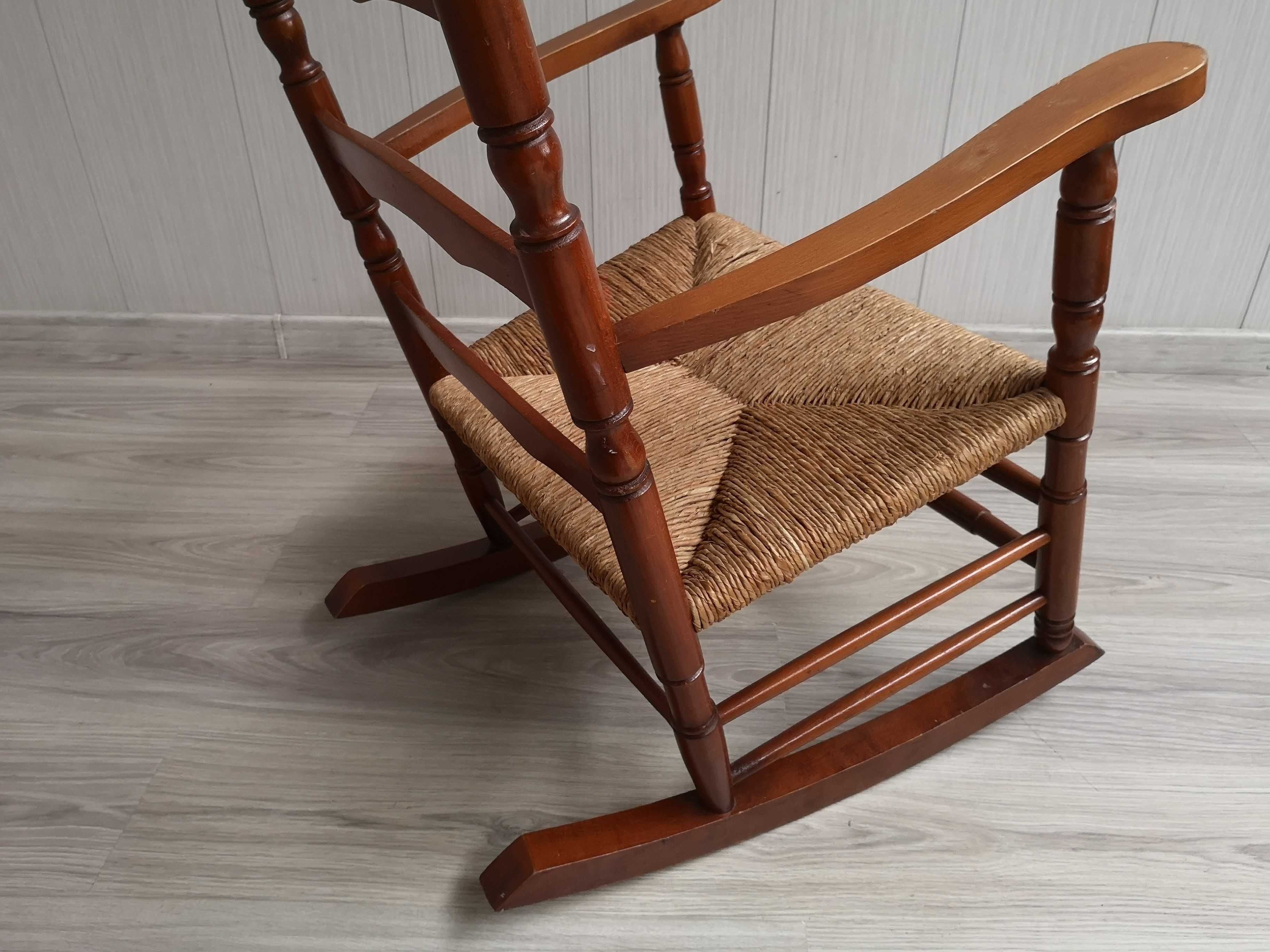 Fotel bujany vintage retro trawa morska drewniany brązowy