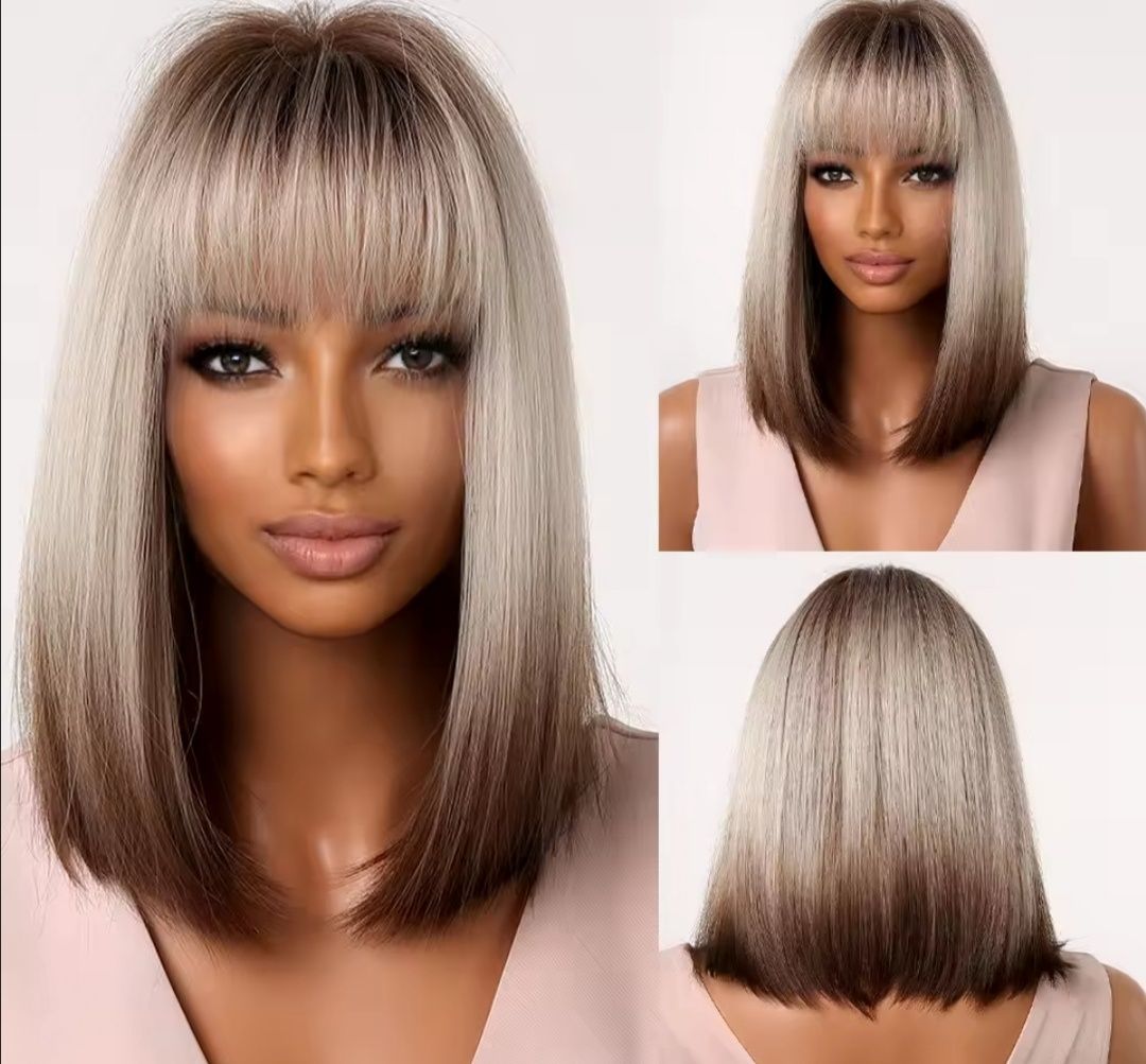 Nowa peruka damska z grzywka blond braz  ombre