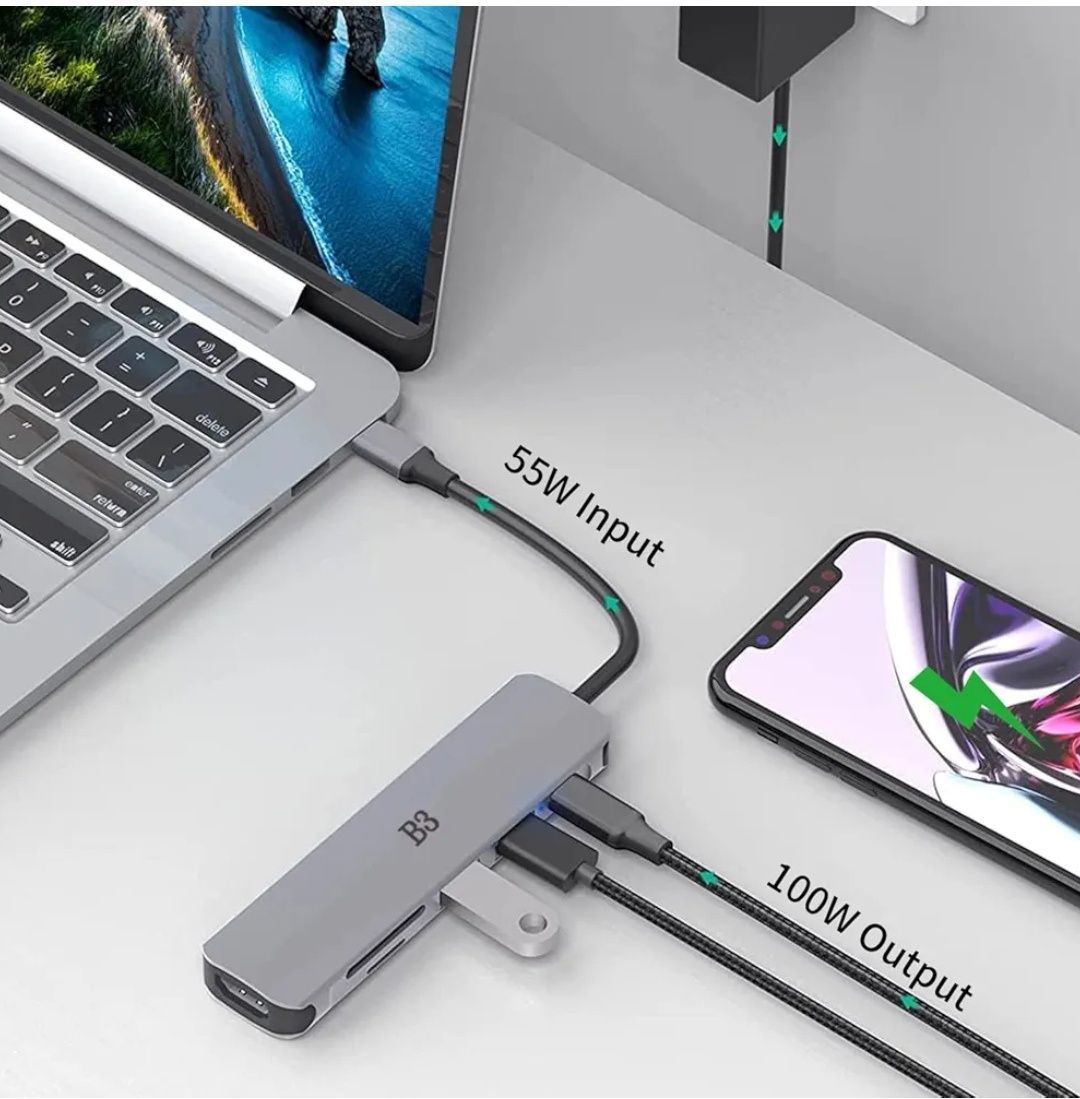 Hub USB C, Adapter Koncentratora USB-C 6 w 1, Przejściówka Multiport