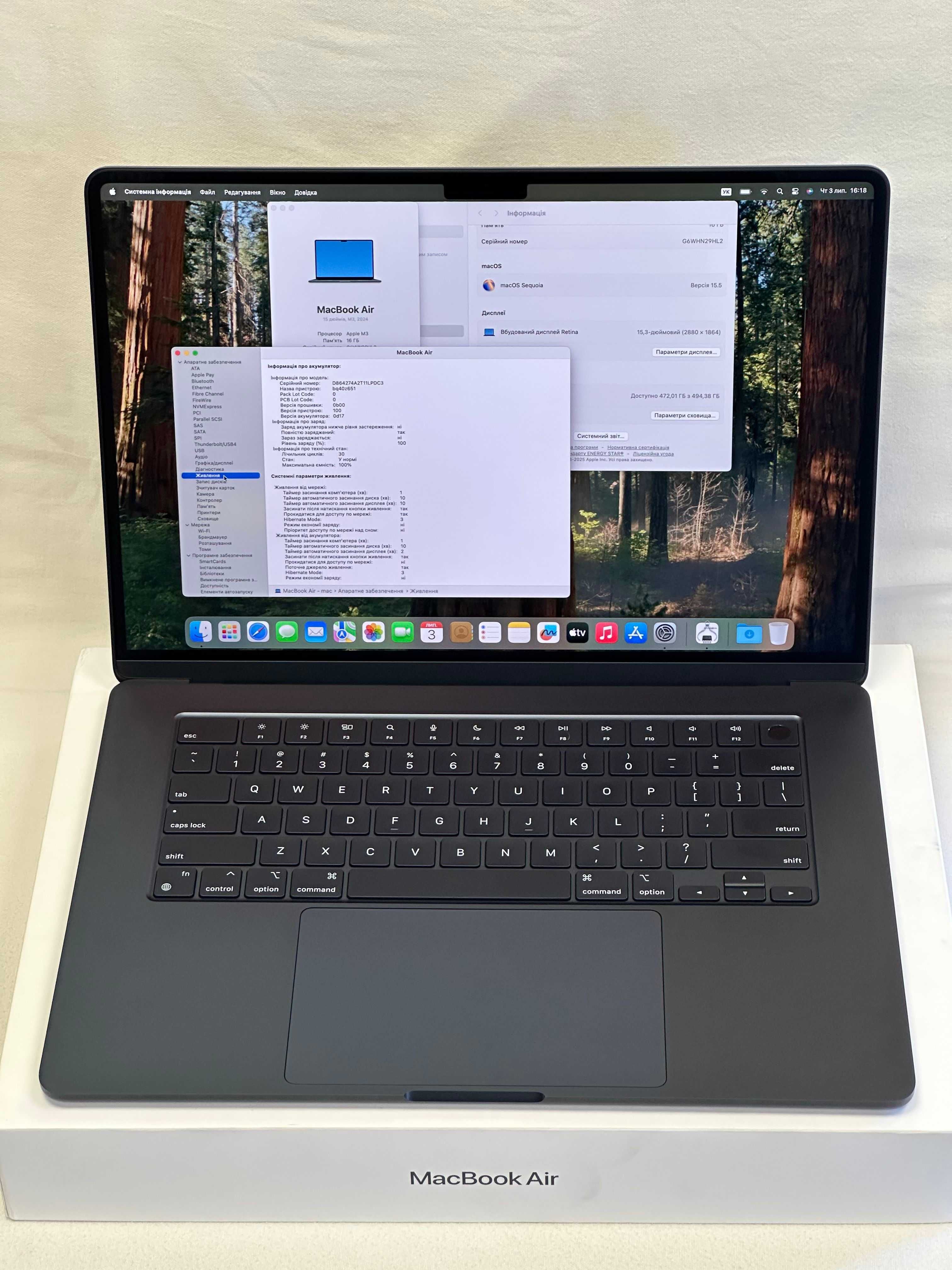 MacBook Air M3 15’ 2024р. 16/500Gb, 100% батарея - 30 циклів