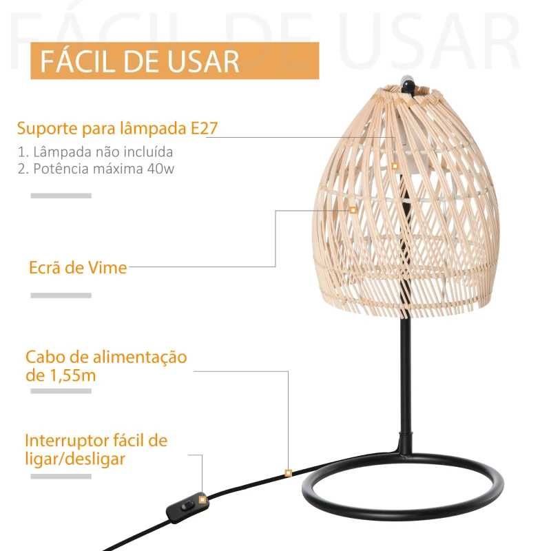 Candeeiro de mesa em vime, bege e preto