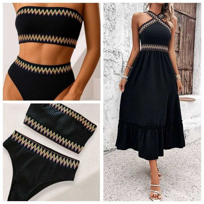 Женский купальник с вышивкой в рубчик топ и высокие плавки SHEIN, L/XL