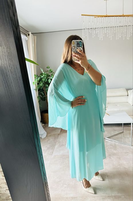 Wieczorowa zwiewna dluga sukienka plus size z narzutką, 2XL, 3xL