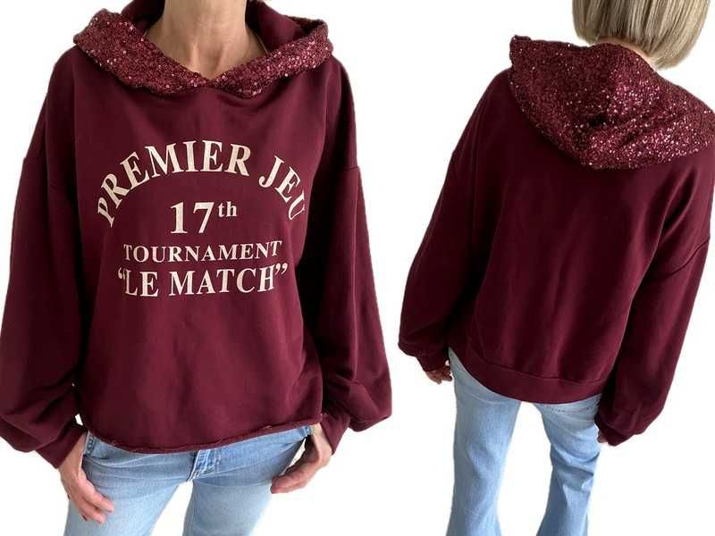Mihos nowa czadowa bluza bordo kaptur cekiny napis Uni
