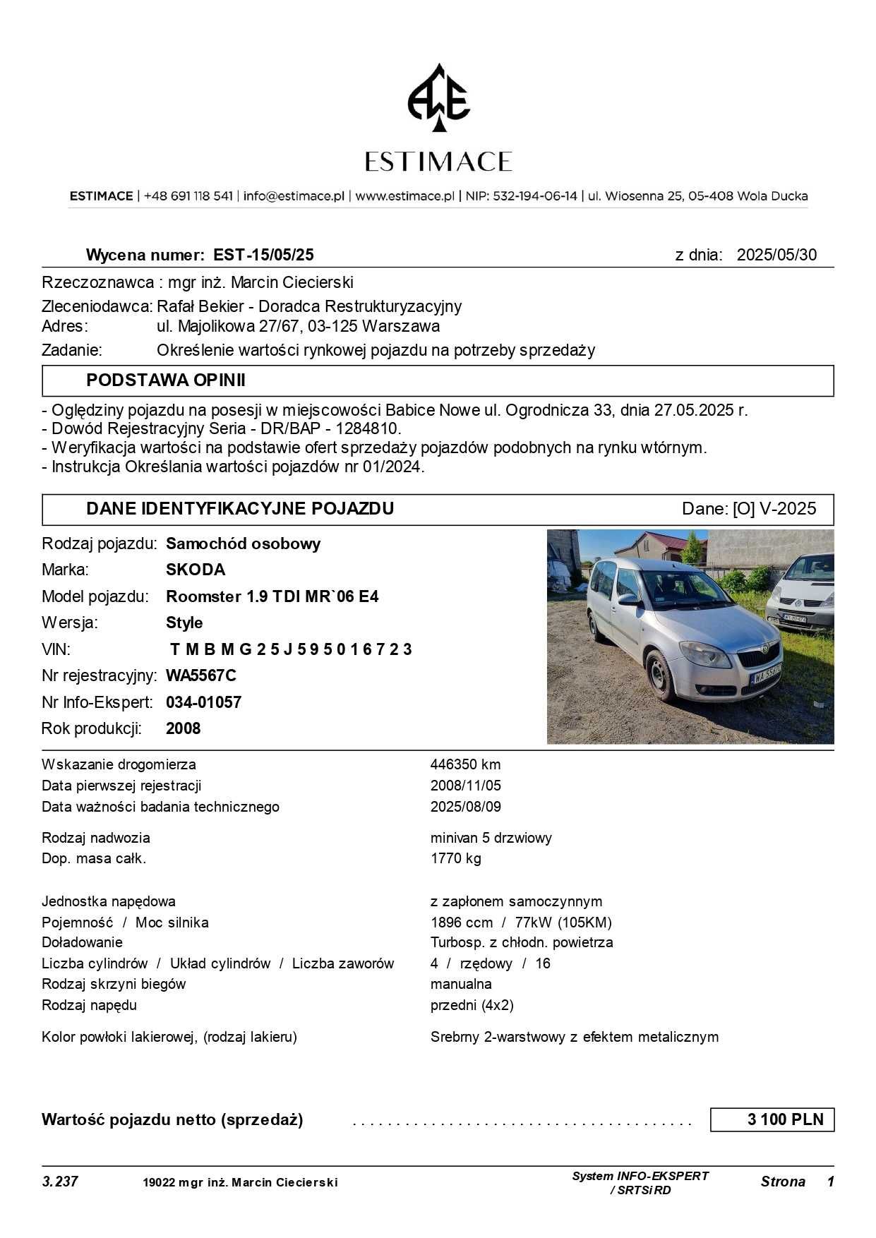 Syndyk sprzedaje: Samochód osobowy ŠKODA Roomster 1.9 TDI 2008