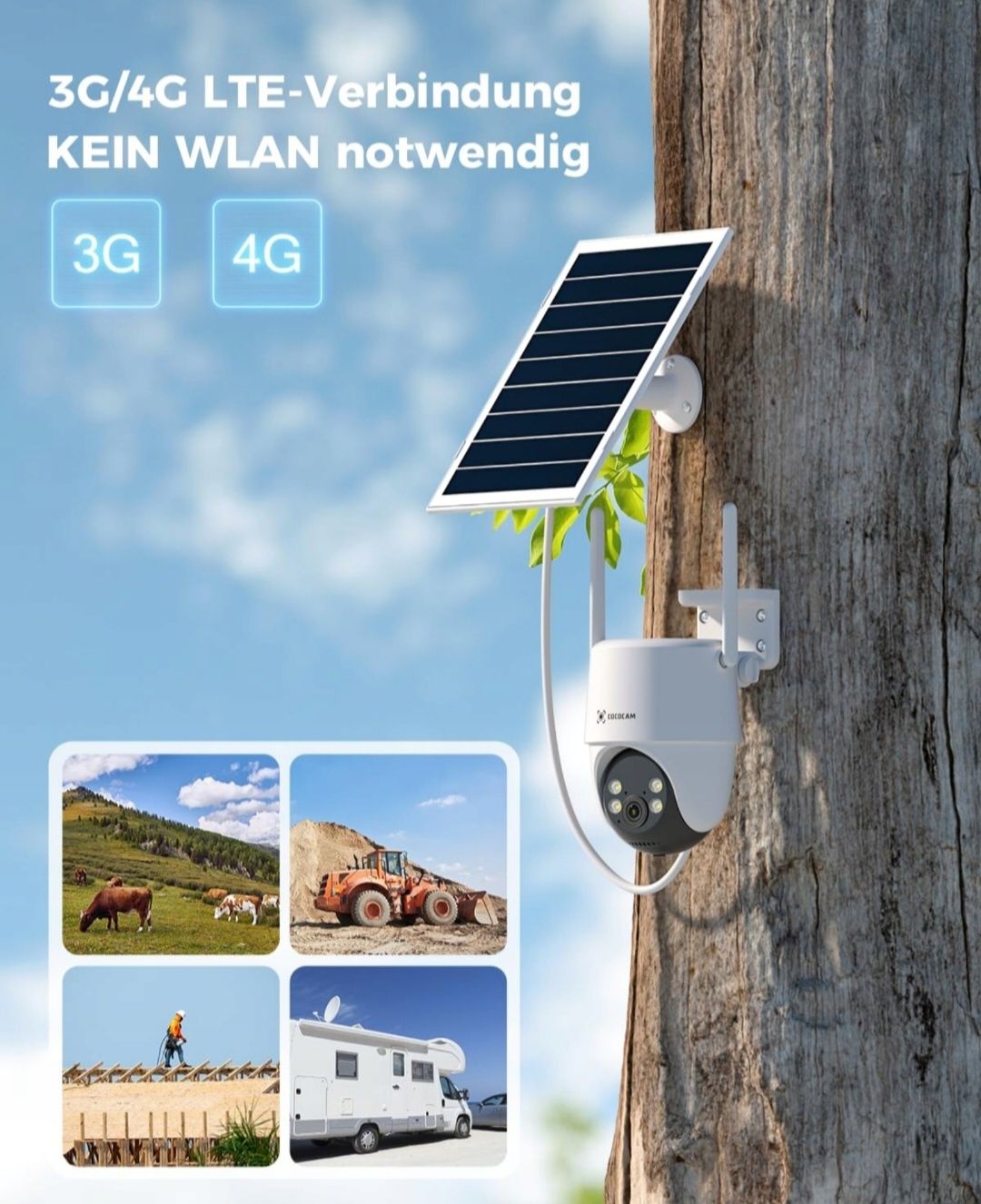 COCOCAM Kamera Zewnętrzna 4G LTE z SIM 15000mAh Solar 2K PTZ Nocna Wiz