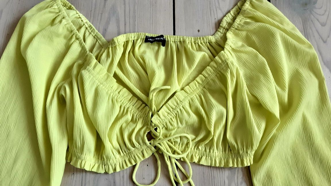 Bluzka hiszpanka S 36 letnia bufki neonowa krótka crop top na plaże