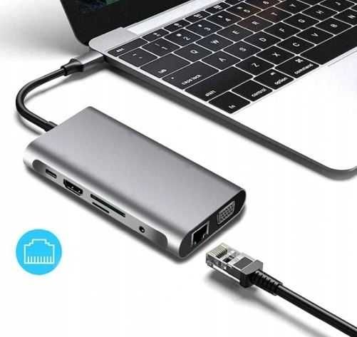 Stacja Dokująca USB C 11w1 Adapter HDMI Gigabit Ethernet RJ45 Jack SD