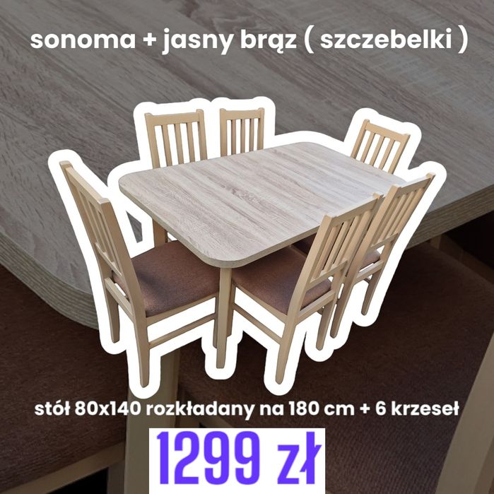 Nowe: Stół 80x140/180 + 6 krzeseł, 38 kolorów, transport cała POLSKA
