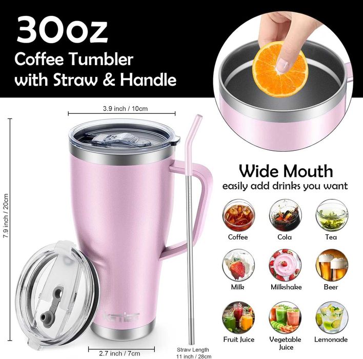 Kubek termiczny podróżny 850ml ze słomką, z 2 pokrywkami i uchwytem