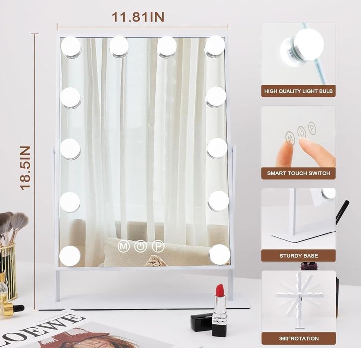 Lustro do makijażu Hansong z oświetleniem, 12led,