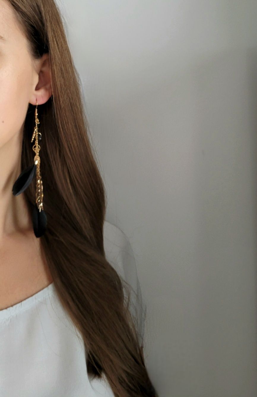 Czarno złote długie kolczyki pióra boho hippie earrings feather