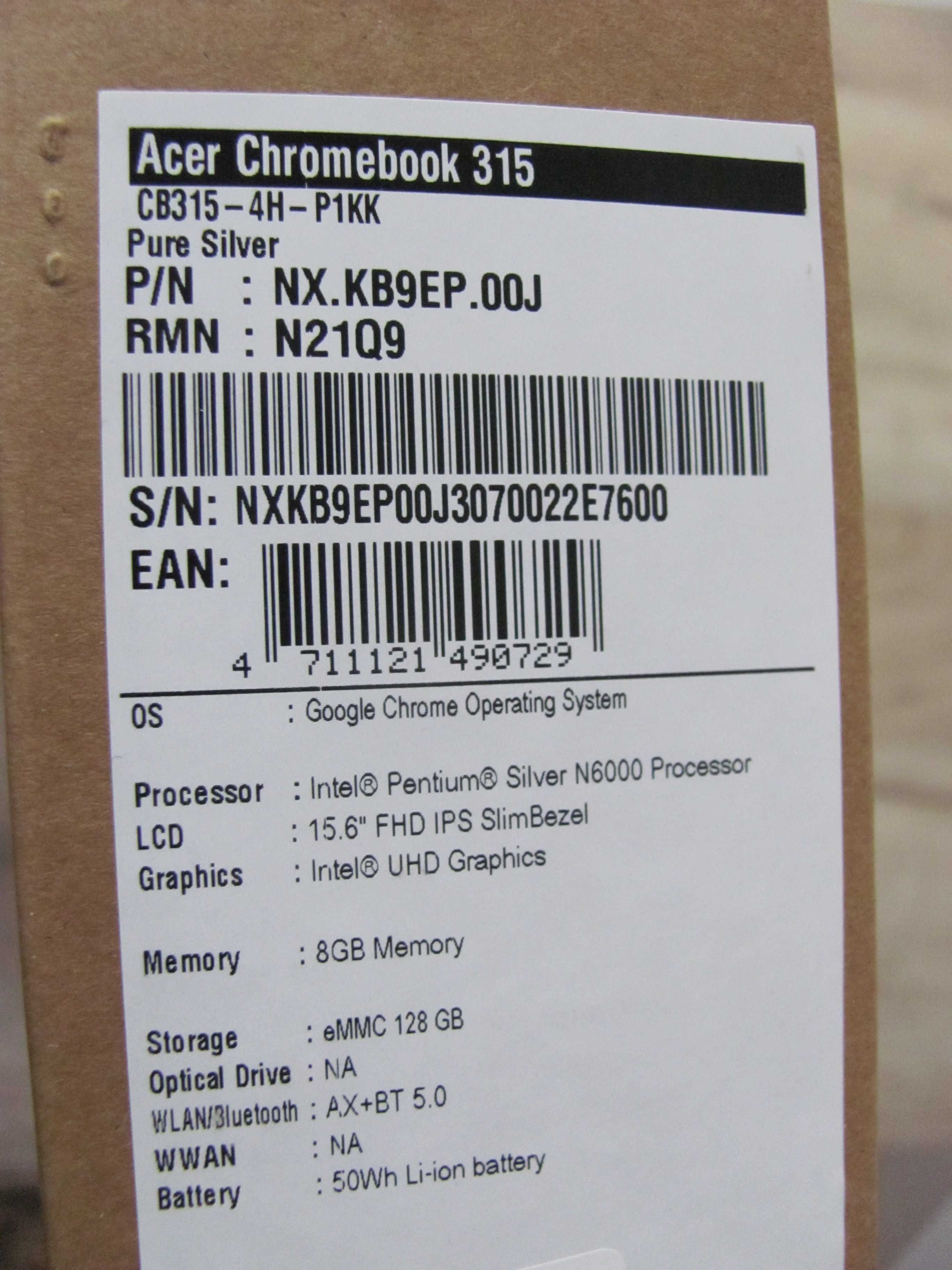 NOWY Laptop ACER Chromebook 315 15.6" IPS I/P N6000 8/128GB UHD
