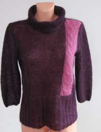 Wełniany sweter damski golf warkocz fiolet