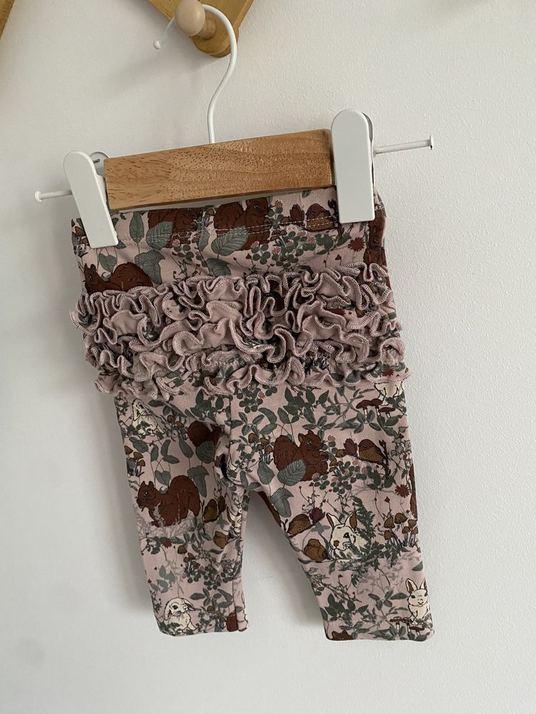 Legginsy fixoni 56/62 brudny róż w króliczki falbanki brązowe