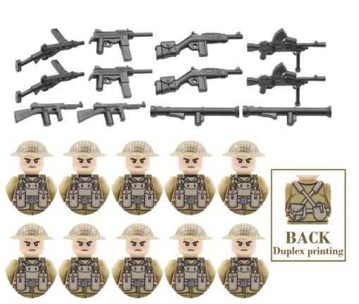 10 Figurek żołnierzy brytyjskich (nadruk 2strony) +bronie komp. z Lego