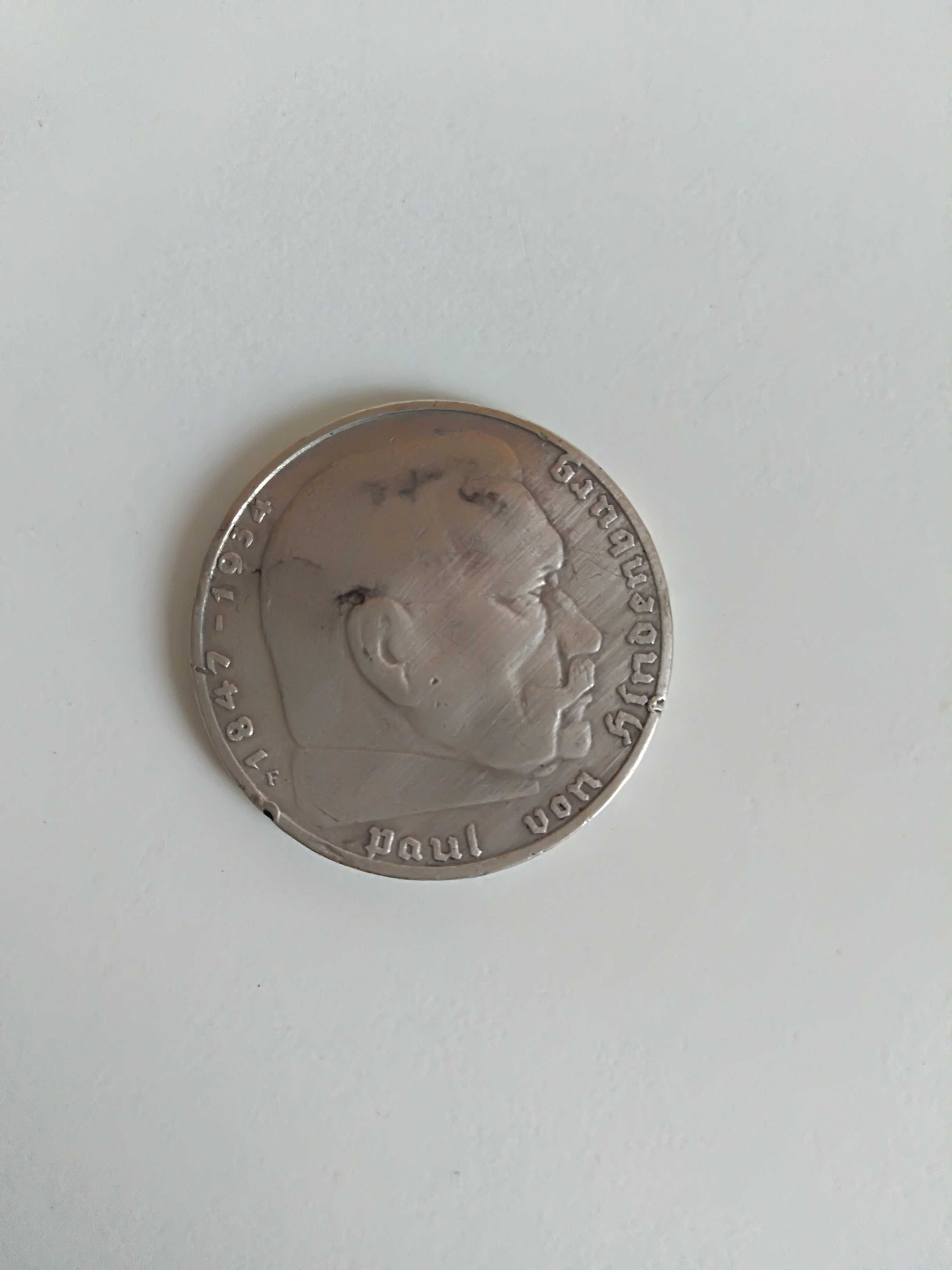 Moneta srebrna 2 marki niemieckie Hindenburg. 1937 rok.