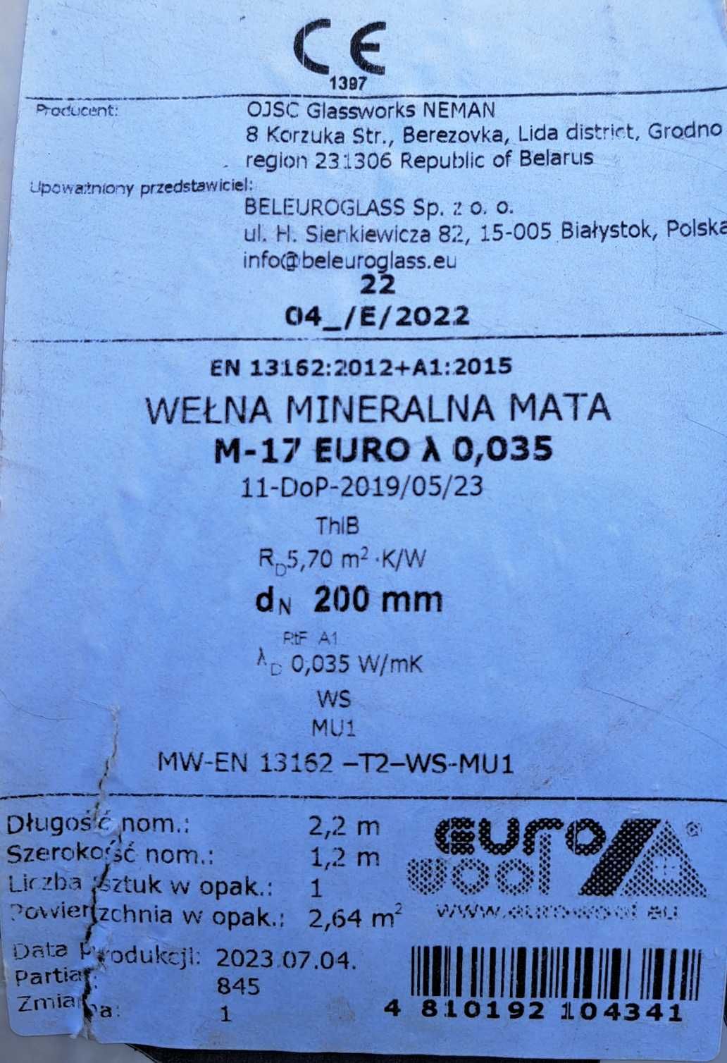 Wełna mineralna 20cm Lambda 0.035