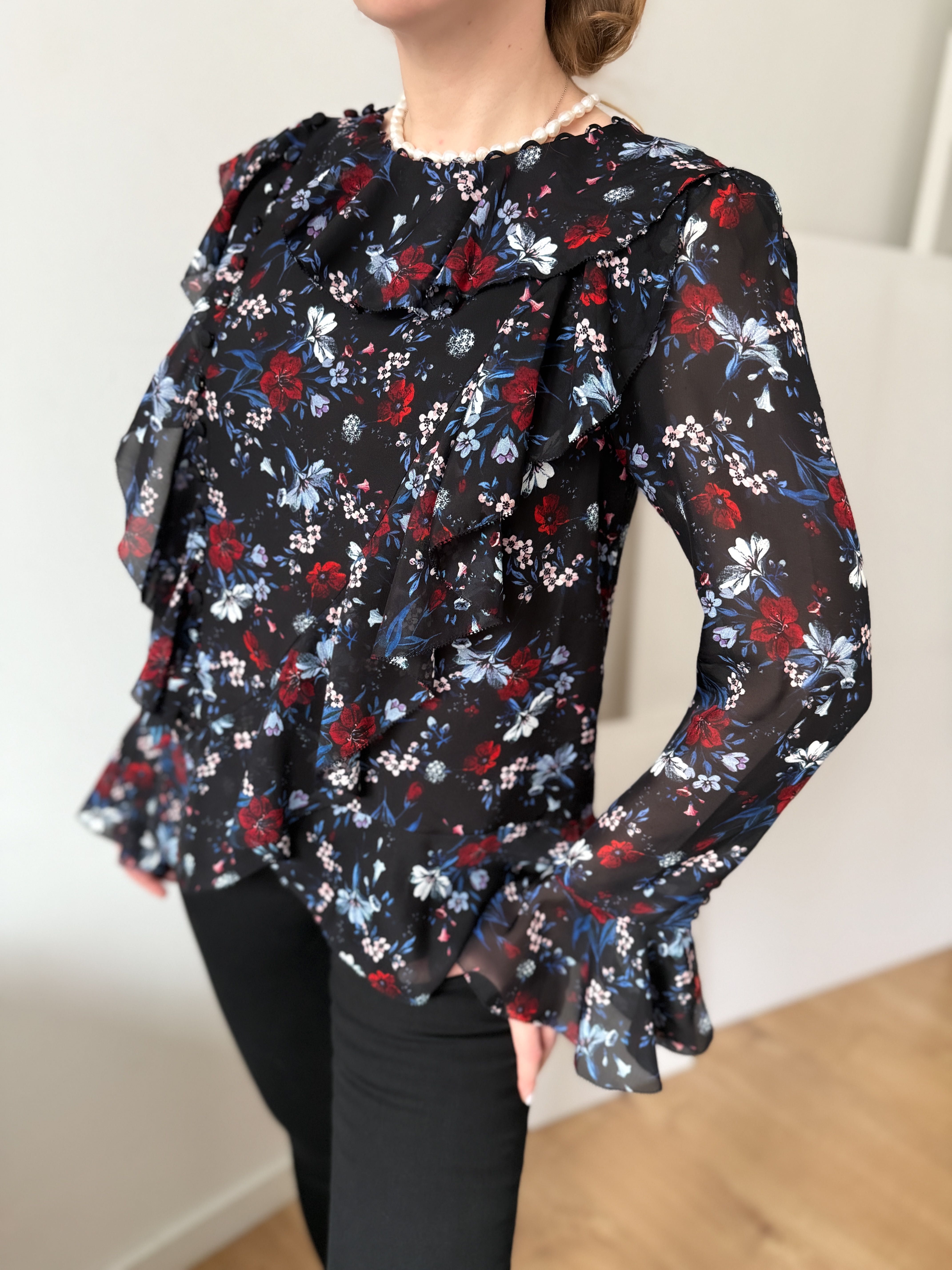 Erdem x H&M jedwabna bluzka w kwiatki falbanki coquette old money M