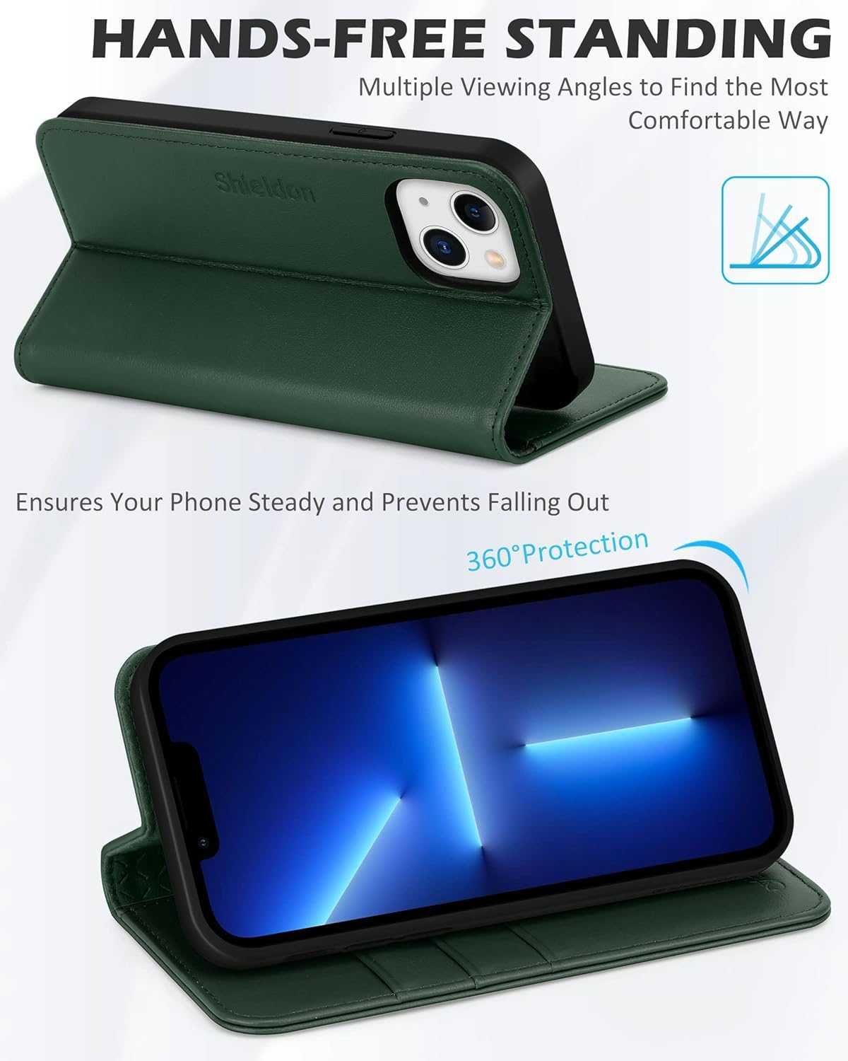 Etui na iPhone 13 SHIELDON Skórzane 2w1 z Portfelem Północna Zieleń