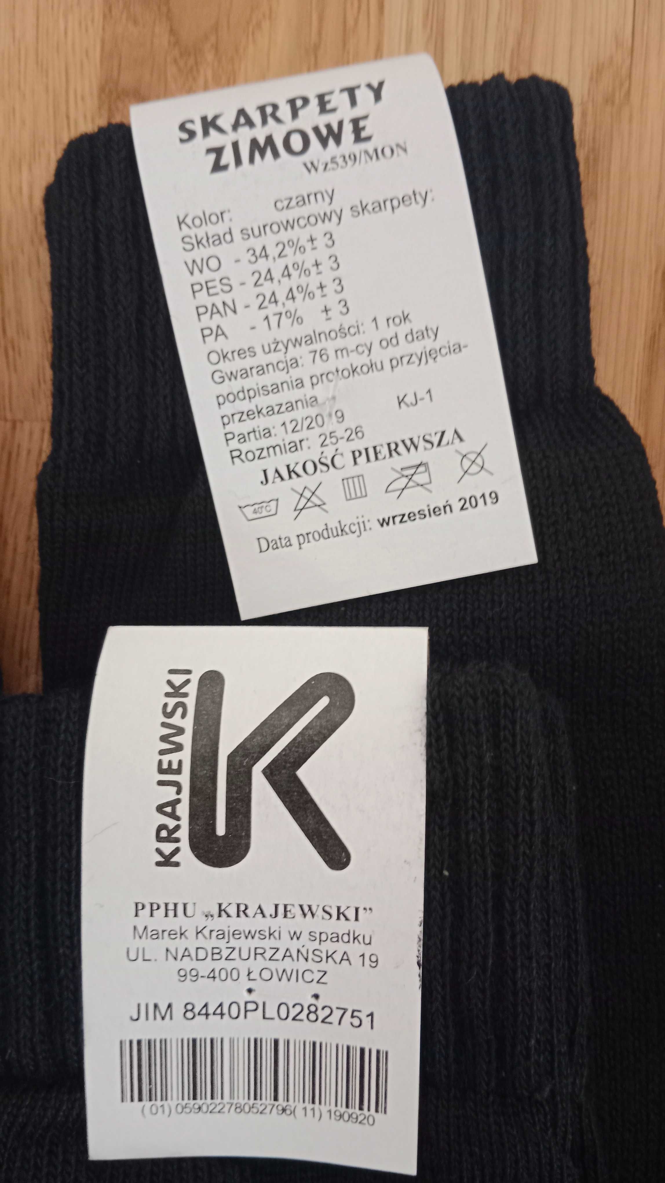 Nowe skarpety zimowe 539/MON, czarne, rozmiar 25-26, KRAJEWSKI