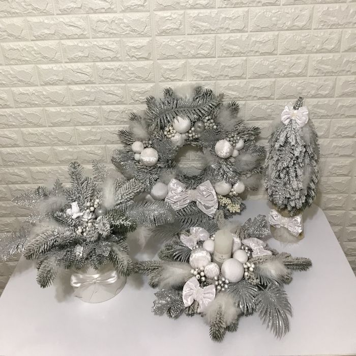 Новорічний набір декору ручної роботи: вінок, ялинка, підсвічник,