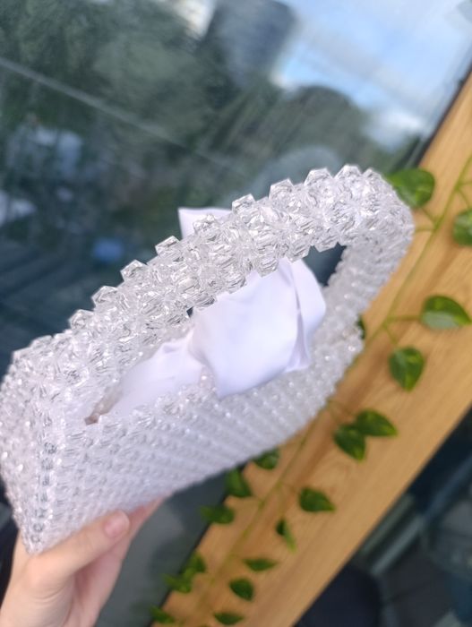 Torebka z koralików biała transparentna hand made