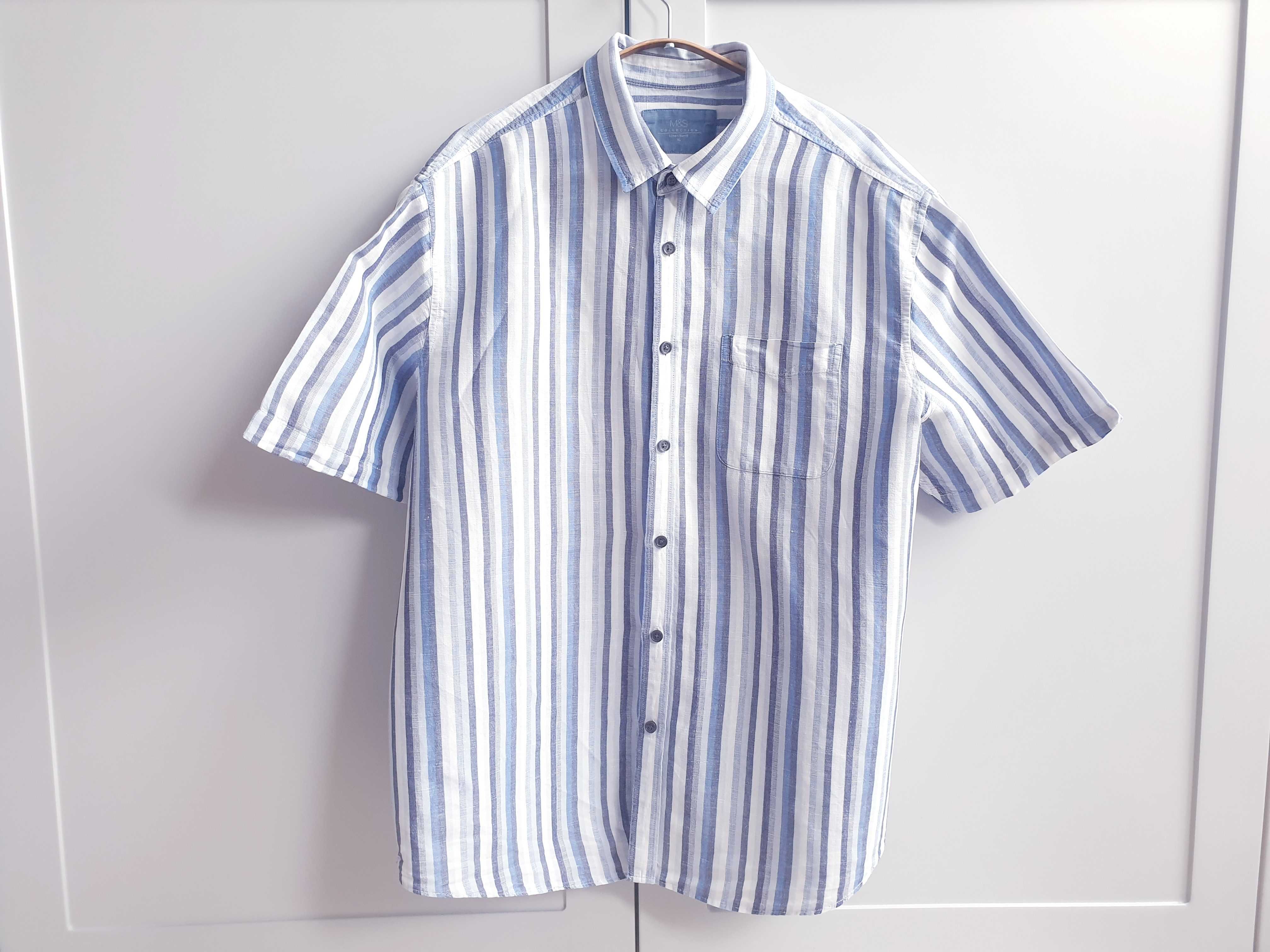 Biała koszula lniana w niebieskie pasy  XL M&S męska