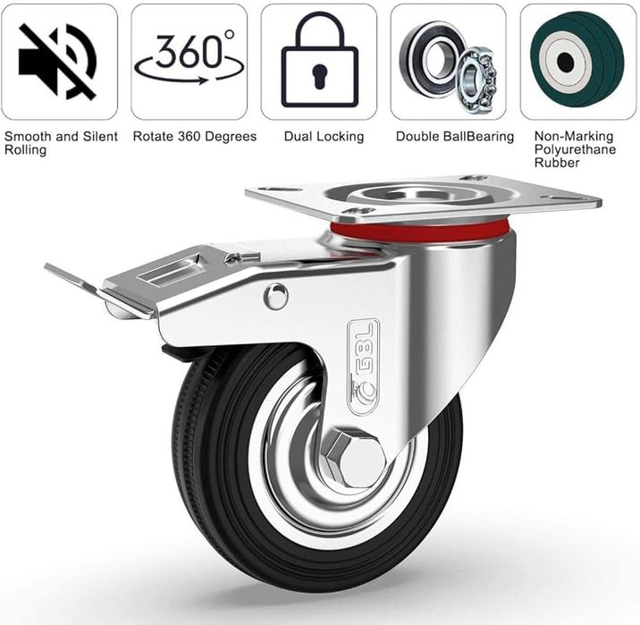 Kółka samonastawne GBL Heavy Duty z 2 hamulcami + śruby - 75 mm do 200