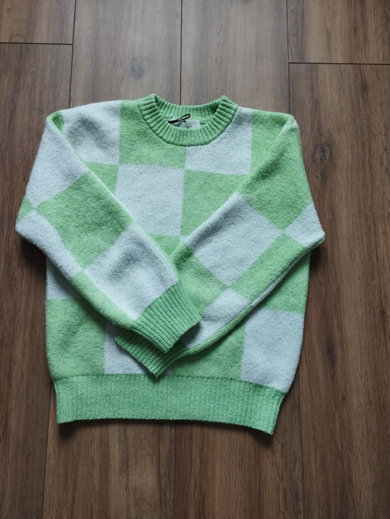Sweter XS 34, zielony, biały, w kratę, szachownica, H&M, krótki sweter