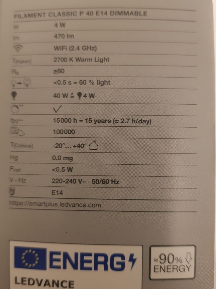 Żarówka LEDVANCE SMART+ WIFI Ściemnialna LED E14 P40 4W = 40W 2700