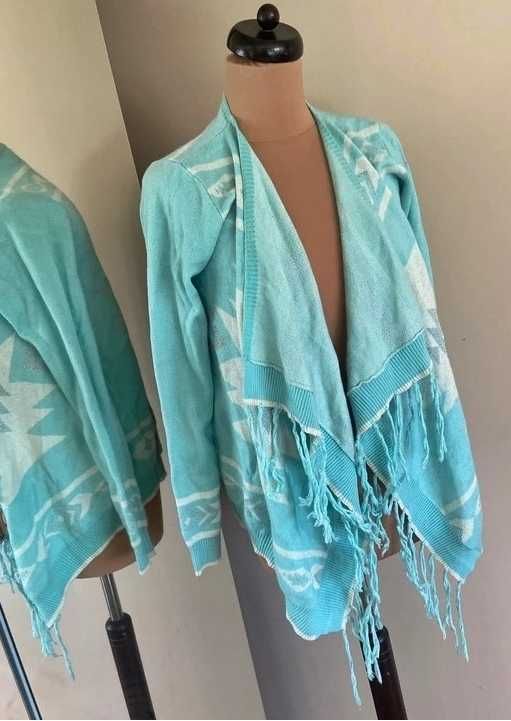 Nowy fisbone sweter frędzle narzutka angora wzory aztec m l 38 40