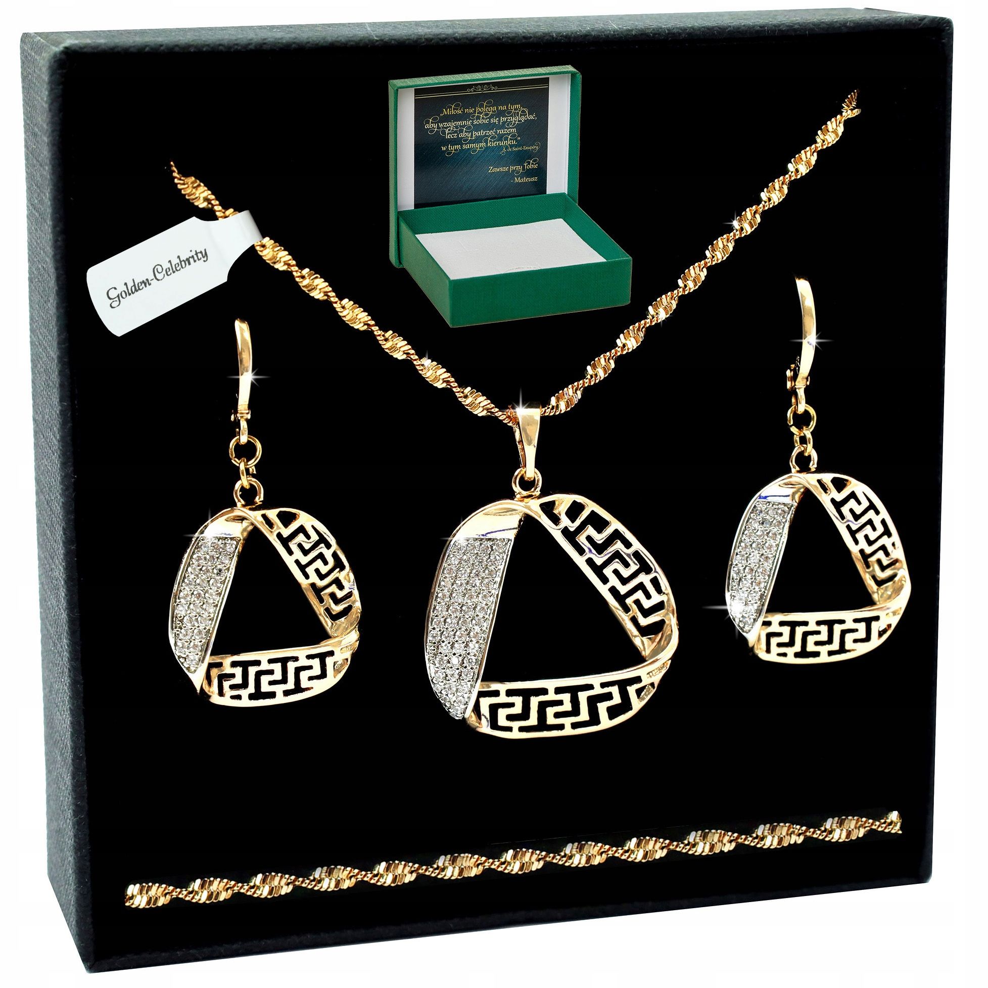 Złoty Komplet Biżuterii 45cm Naszyjnik+kolczyki Na Prezent Dla Mamy 18