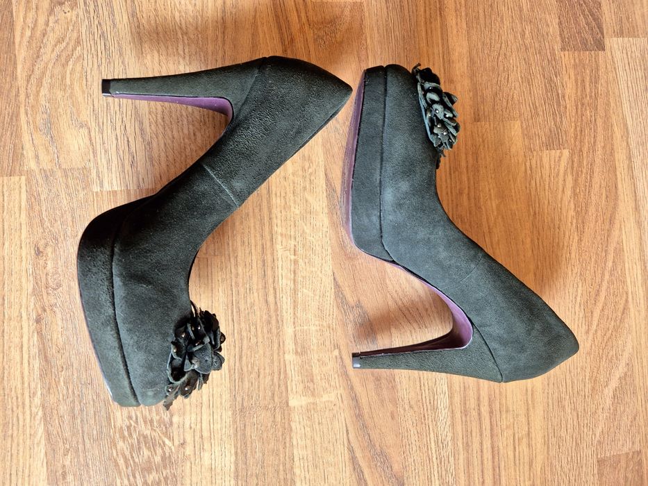 5TH AVENUE 38 eleganckie ciemnozielone czółenka na platformie skóra 38