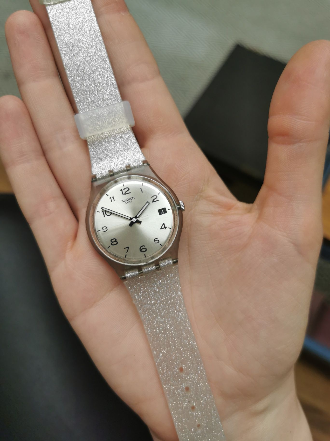 Zegarek swatch gent srebrny brokatowy