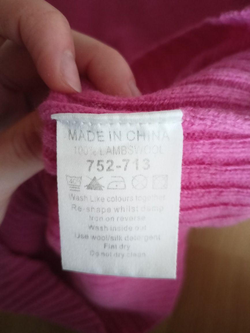 Sweter półgolf różowy 100% wełna S