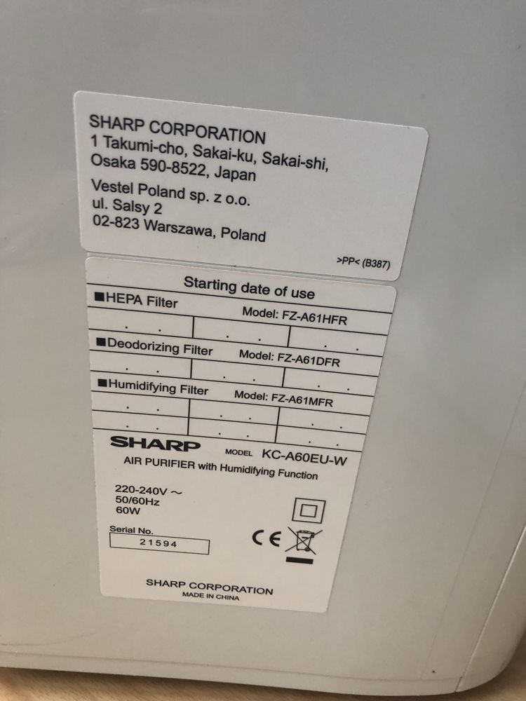 Sharp KC A60 oczyszczacz powietrza z nawilżaczem