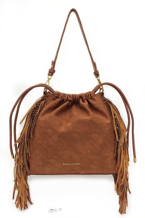 Elegancka Torebka Listonoszka Worek z Frędzlami Styl Boho Western Brąz