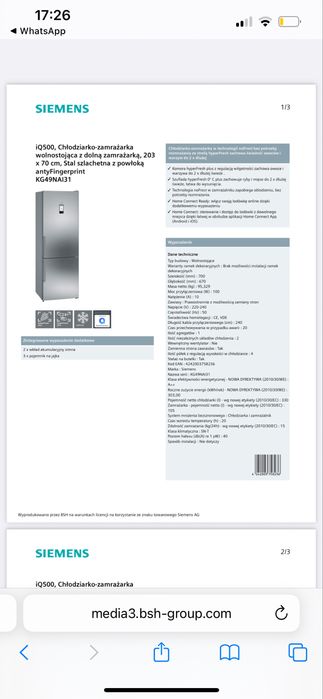 lodówka Siemens kg49nai31 srebrna