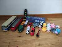 Zestaw zabawek lokomotywa autobus projektor światła drogowe resoraki