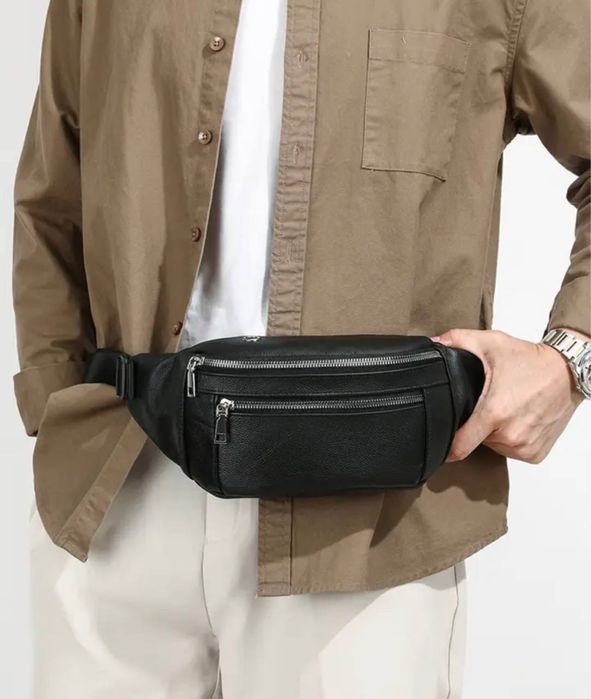 Мужская кожаная сумка через плечо бананка чоловіча шкіряна сумка