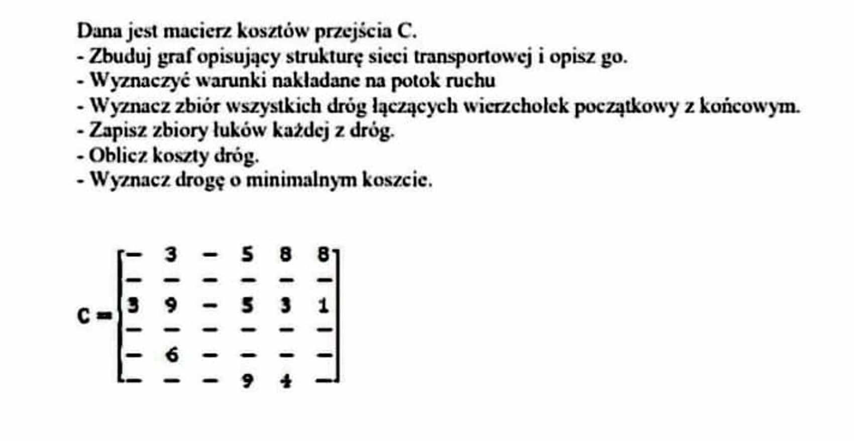 Macierz kosztów, graf struktury sieci transportowej