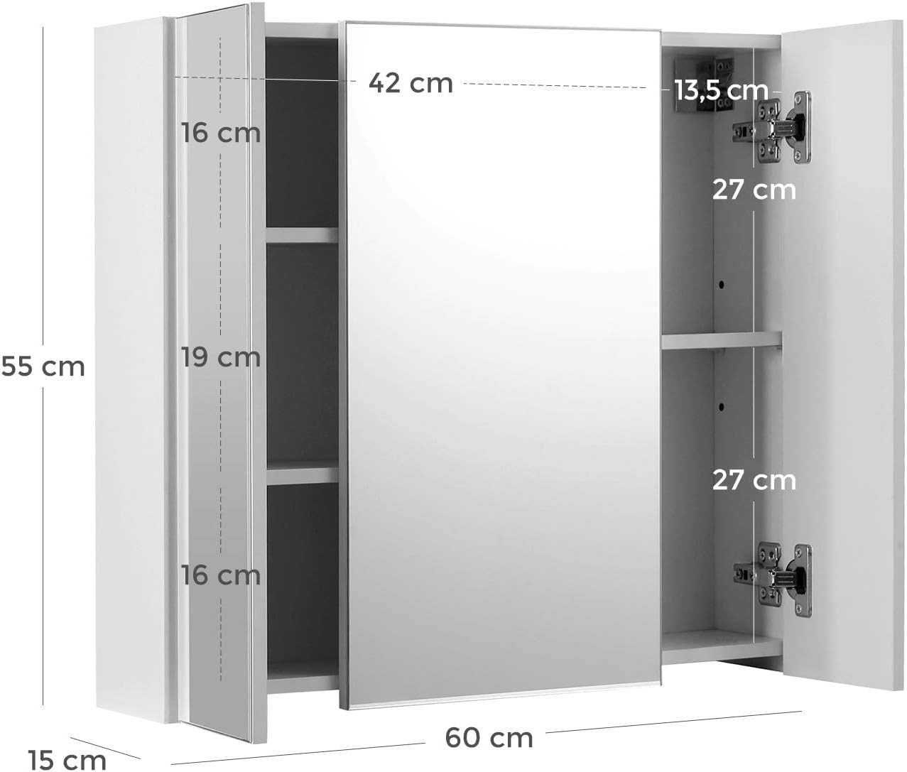 VASAGLE szafka ścienna z lustrem, 3 drzwi, 60x15x55 cm, biała, BBK22WT