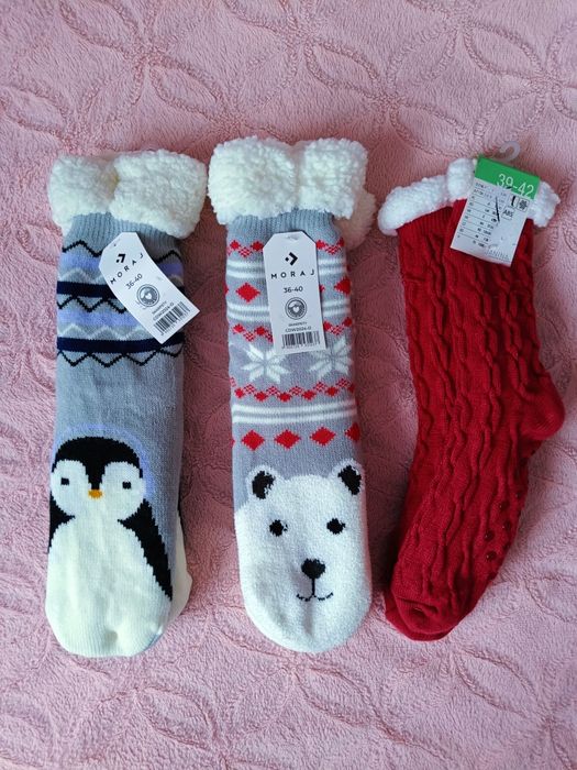 Nowy zestaw 3 sztuki skarpety, kapcie, bambosze ocieplane antypoślizgo