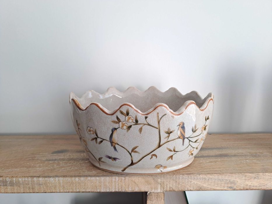 Ceramiczna misa waza donica vintage brytyjska z motywem kwiatów ptaków