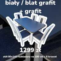 Nowe: Stół 80x140/180 + 6 krzeseł, bialy/blat grafit + grafit, OD RĘKI