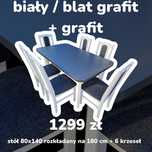 Nowe: Stół 80x140/180 + 6 krzeseł, bialy/blat grafit + grafit, OD RĘKI